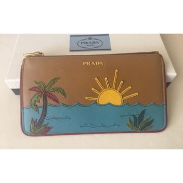 Authentic Prada Saffiano Nero Palm Tree Beach Sunset Pochette Pouch Bag