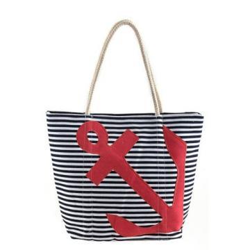 Designer Style Navy and White Striped Print Anchor Stud Tote Beach Travel Bag