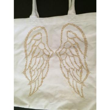 VICTORIA&#039;S SECRET White Gold Canvas Bling Angel Wings Tote Shopper Beach BAG