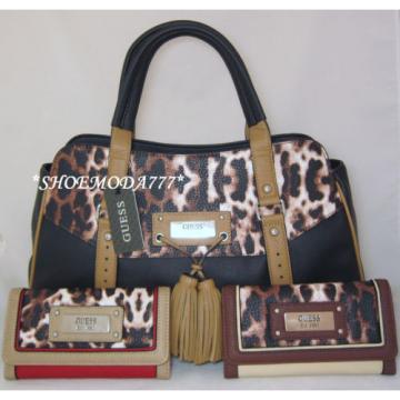 GUESS Virginia Beach Satchel Bag Purse Wallet Set Black Red Cream Leopard Tassel