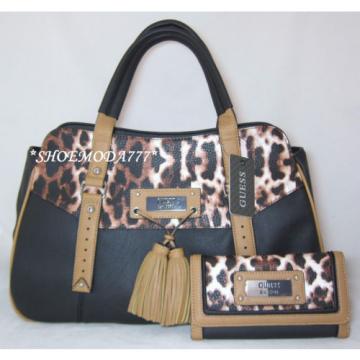 GUESS Virginia Beach Satchel Bag Purse Wallet Set Black Red Cream Leopard Tassel