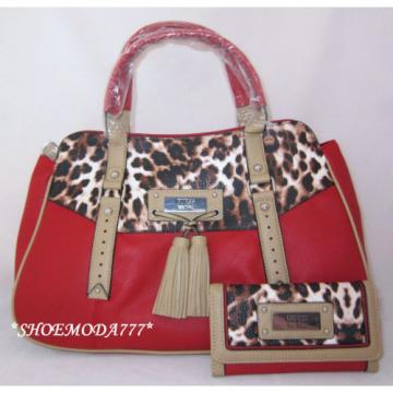 GUESS Virginia Beach Satchel Bag Purse Wallet Set Black Red Cream Leopard Tassel