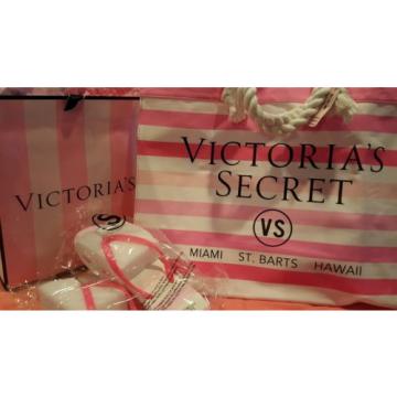 NWT Victoria&#039;s Secret Tote Bag Large Pink &amp; wht Striped beach tote + flip flops