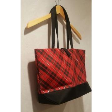 Lancome Red Black Silver Plaid Red Interior Tote Bag Makeup Beach Bag Shopper