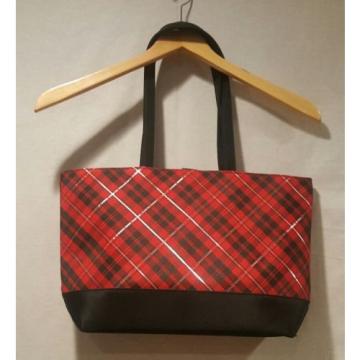 Lancome Red Black Silver Plaid Red Interior Tote Bag Makeup Beach Bag Shopper