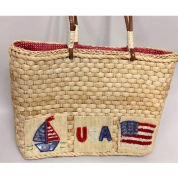 Quacker Factory Nautical Beach Tote Bag USA Flag Straw Purse  Sequins Red Blue