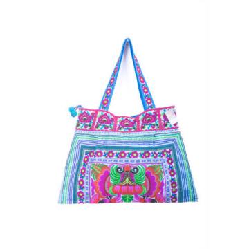 Blue Handmade Beach Tote Bag Hmong Embroidered Fabric Large Size from Thailand