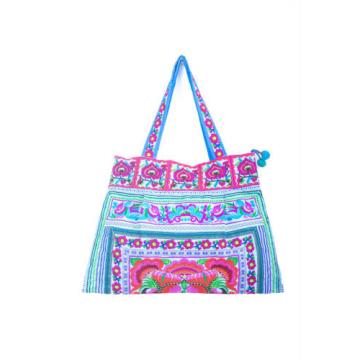 Blue Handmade Beach Tote Bag Hmong Embroidered Fabric Large Size from Thailand