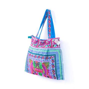 Blue Handmade Beach Tote Bag Hmong Embroidered Fabric Large Size from Thailand