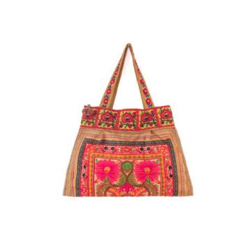 Yellow Flowers Ethnic Beach Tote Bag with Hmong Embroidered Fabric from Thailand