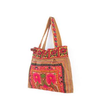 Yellow Flowers Ethnic Beach Tote Bag with Hmong Embroidered Fabric from Thailand