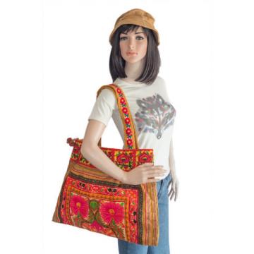 Yellow Flowers Ethnic Beach Tote Bag with Hmong Embroidered Fabric from Thailand