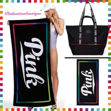 NWT Victoria Secret PINK Double Strap Tote Bag Black &amp; Rainbow XL &amp; Beach Towel