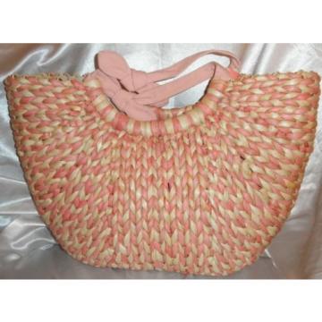 Vintage Large Pink Tan Woven Straw Canvas Handbag Bag Purse Tote Shopping Beach