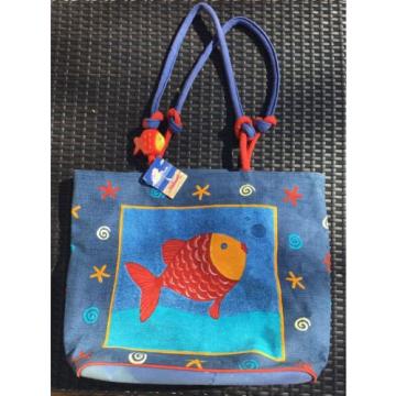 *NEW* Sun N&#039; Sand Hand Painted Fish Seashell Large Blue Red Beach Bag Tote