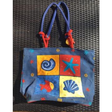 *NEW* Sun N&#039; Sand Hand Painted Fish Seashell Large Blue Red Beach Bag Tote