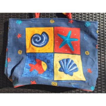 *NEW* Sun N&#039; Sand Hand Painted Fish Seashell Large Blue Red Beach Bag Tote