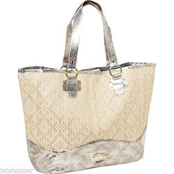 NWT XL GOTTEX Swimwear Silver Straw Tote Beach Shopper Faux Croco Bag Handbag