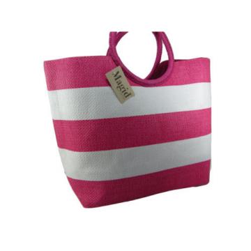 Magid XL Beach Tote Purse Hand Bag Pink White Striped Straw Ring Handle NWT