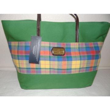 Tommy Hilfiger Womens Lg Greenn Plaid Tote Shoulder Handbag Purse Beachbag SALE