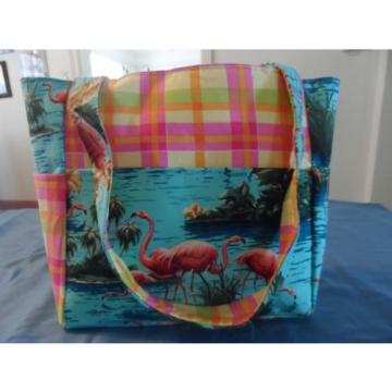 flamingo beach bird pink blue plaid purse/bag/diaper bag handmade