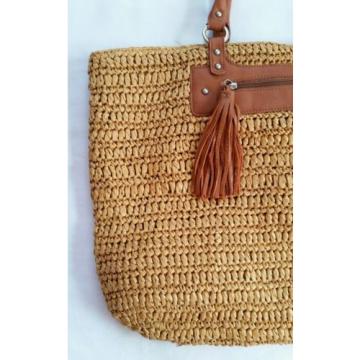 J Jill Straw Market Tote Beach Bag fringed tassel 15 x 19