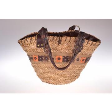 Large Round Weaved Straw Basket Bag Lined Beach Big Tote Purse Brown Orange Ties