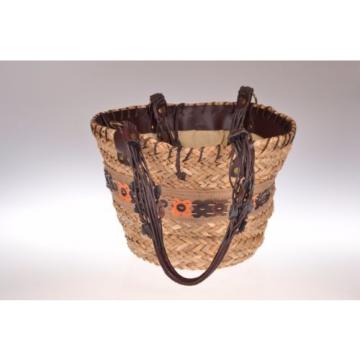 Large Round Weaved Straw Basket Bag Lined Beach Big Tote Purse Brown Orange Ties