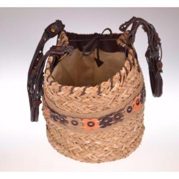 Large Round Weaved Straw Basket Bag Lined Beach Big Tote Purse Brown Orange Ties