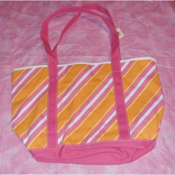 Bath &amp; Bodyworks Tote Beach Bag Pink Orange Striped Button Closure Pockets NWT