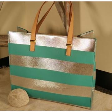 Neiman Marcus Teal Silver Strips Purse Beach Summer Tote Shoulder Bag Shopper