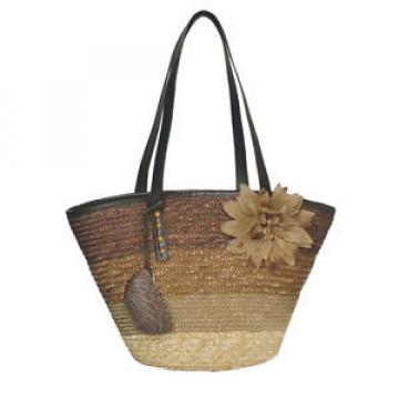 Woman Brown Straw Flower Shoulder Bag w/ Shoulder Straps Summer Beach Tote Bag