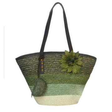 Woman Green Straw Flower Shoulder Bag w/ Shoulder Straps Summer Beach Tote Bag