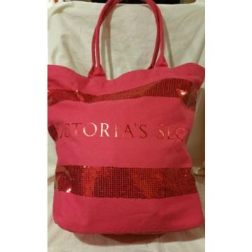 VICTORIA&#039;S SECRET HOT PINK CANVAS BLING SEQUIN BEACH BAG /WEEKEND GET AWAY TOTE