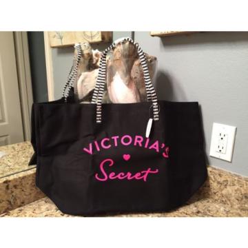 Victoria&#039;s Secret Black Canvas Beach Tote, Travel, Gym Bag w/Stripe Handles $78