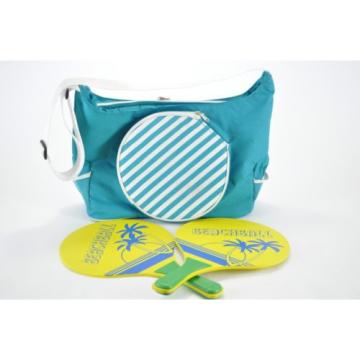 Aqua Green Canvas Beach Bag with Beach Ball Paddles Plastic White Inner Lining