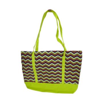 Canvas Beach Bag with Yellow Chevron Print, Plastic Liner and Zipper Closure