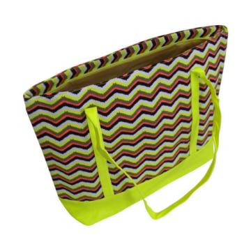 Canvas Beach Bag with Yellow Chevron Print, Plastic Liner and Zipper Closure