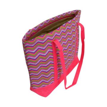 Canvas Beach Bag with Pink Chevron Print, Plastic Liner and Zipper Closure