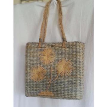 Straw Handbag Purse Tote Beach Bag SCALA Blue Lining Zip Close Jute Flowers