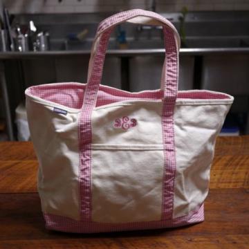 Lands End Zippered Gingham Thick Canvas Gym Beach Tote Shopping Bag Monogram USA