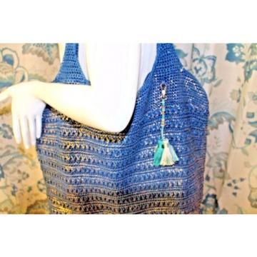 The Sak Extra Large Crocheted Blue/gold bag handbag beach bag purse NWOT $99