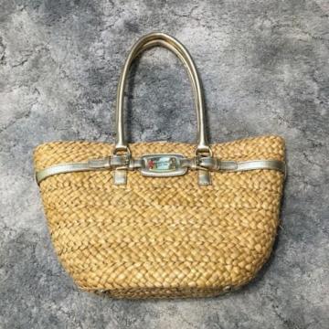 NWT Michael Kors MK Hamilton Straw Husk Beach Bag Large Tote Purse Gold Leather