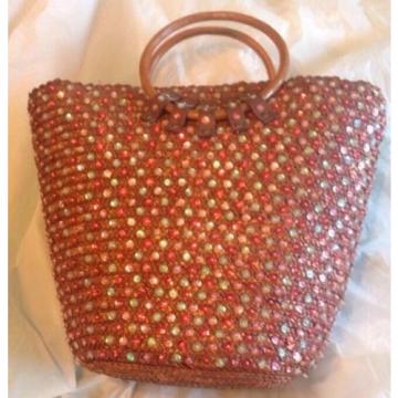 Victoria&#039;s Secert Straw Beach Tote Bag Sequins Wood Handles RARE