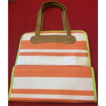 Neiman Marcus Tote Camp Stripe Woven Beach Bag White Orange Lined Satchel Case