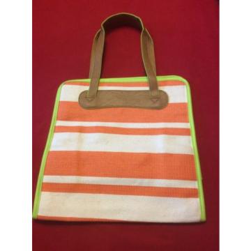 Neiman Marcus Tote Camp Stripe Woven Beach Bag White Orange Lined Satchel Case