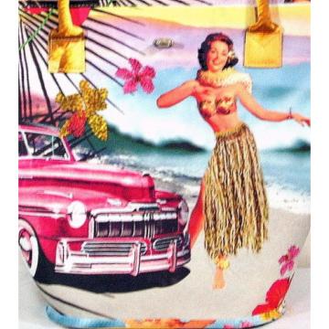 Straw Beach Tote Bag Hula Girl Vintage Car Beadwork Accents Purse Handbag Large