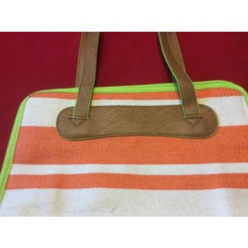 Neiman Marcus Tote Camp Stripe Woven Beach Bag White Orange Lined Satchel Case