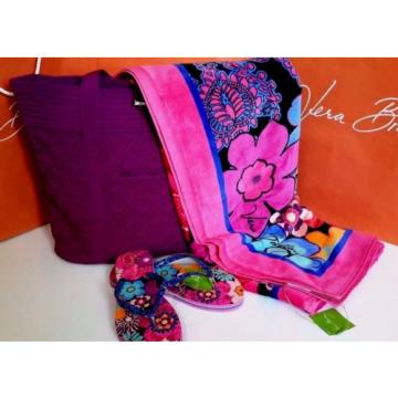 VERA BRADLEY ~~Floral Fiesta Beach Towel, Flip Flops w/Vera Bag in Plum **NWT**