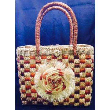 Handbag Woven Wicker Flower Purse Two Tone Tote Beach Bag